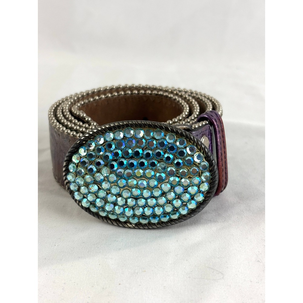 Vintage Rhinestone Belt Made in Spain Wide Leather Aurora Borealis Buckle Y2K